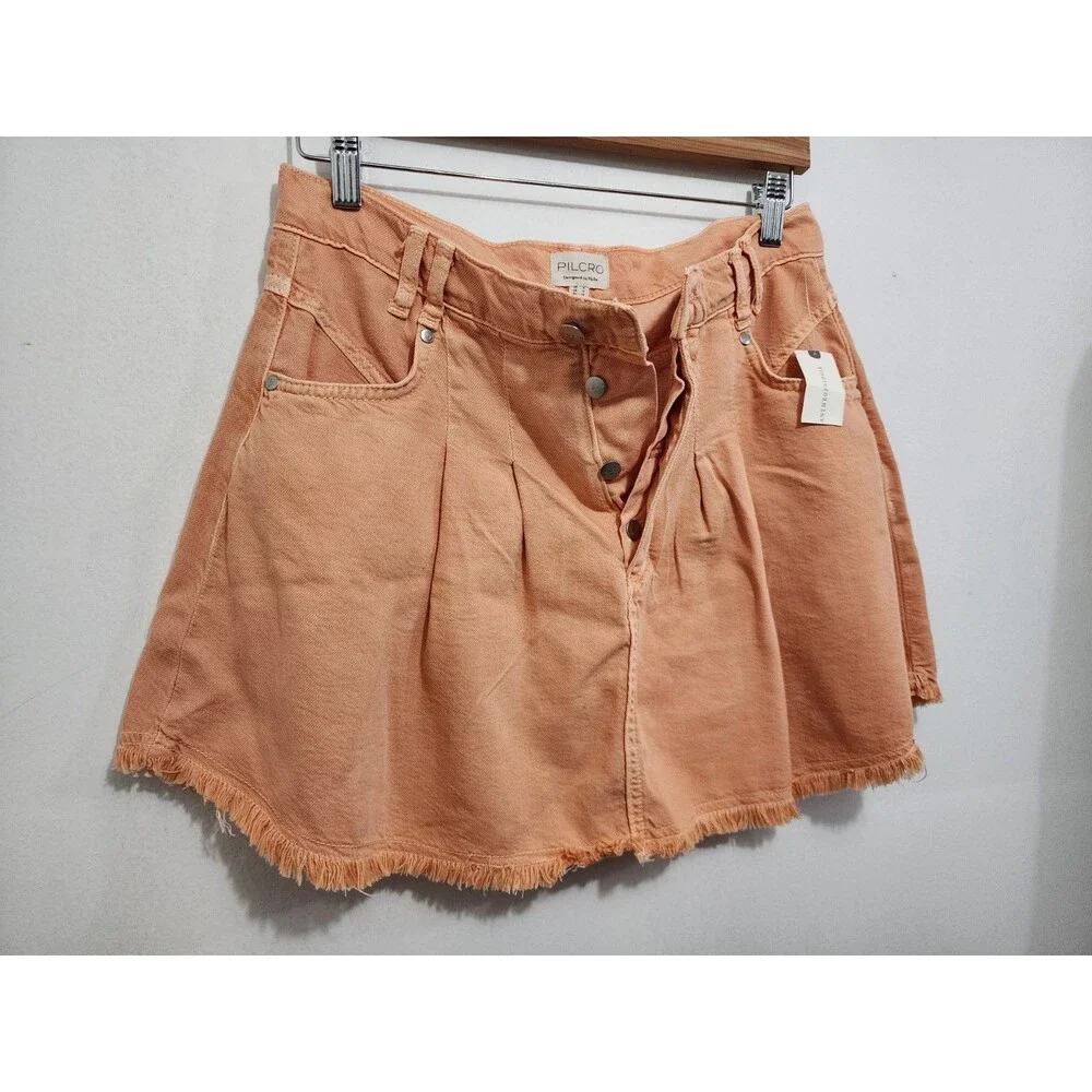 Anthropologie Pilcro Pleated Denim Mini Skirt Orange Fray Hem Button Fly Sz 10